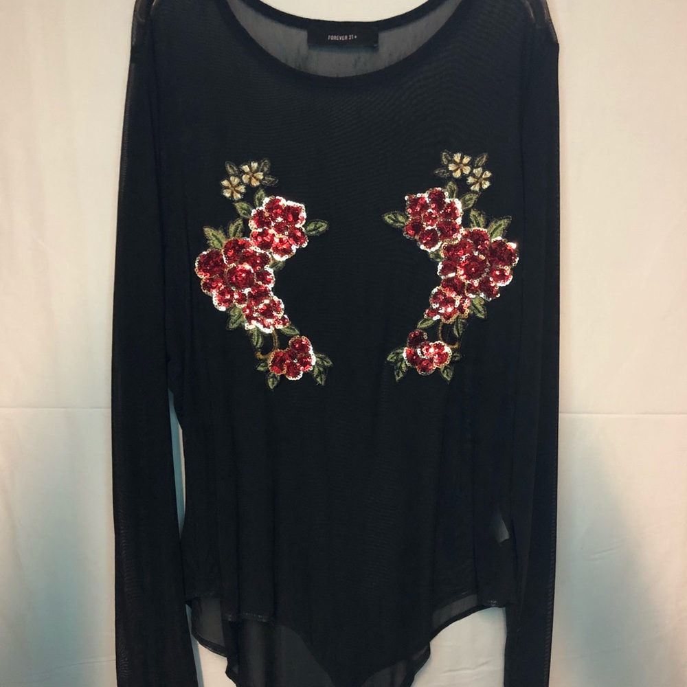 F21 Black Mesh Long-Sleeved Sequin Bodysuit